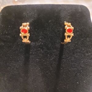 Elegant Gold Tone and Red Hoop Earrings